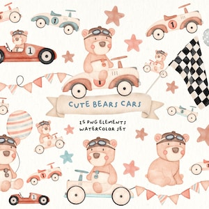 Aquarela Cute Teddy Bears Carros Antigos, Berçário Carros Em Aquarela, Carros Vintage Bonitos Aquarela, Berçário Menino Em Aquarela, Arquivos PNG Digitais
