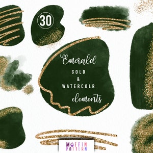 Gold and bottle green brushe strokes clipart, commercial use, emerald watercolor splash with glitter confetti, digital download