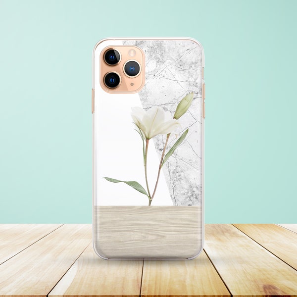 Funda de teléfono de hormigón de madera de flor blanca floral disponible para iPhone 14, 13, 12, 11, XS Max Samsung S22, S21, S20, funda de teléfono