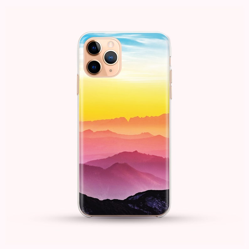 Blue Yellow Pink Purple Mountains Phone Case available for iPhone 14, 13, 12, 11, XS Max Samsung S22, S21, S20, phone case image 1