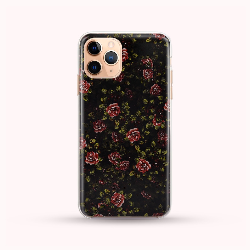 Botanical Pink And Red Roses Black Nature Samsung iPhone Case available for iPhone 14, 13, 12, 11, XS Max Samsung S22, S21, S20, phone case image 1