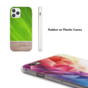 May include: Two phone cases, one with a green and wood design and the other with a colorful geometric design.  "Rubber or Plastic Cases" is written in white text on a white background.