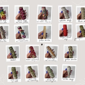 May include: A collection of 15 different types of smudge sticks, including white sage, cedar, palo santo, and dragon's blood. Each stick is tied with string and has a different combination of herbs and flowers.