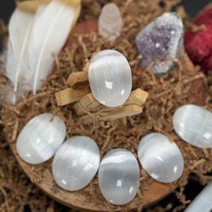 May include: A collection of six white selenite crystal palm stones. The stones are smooth and polished, with a subtle shimmer. They are arranged on a wooden surface with brown paper shreds.