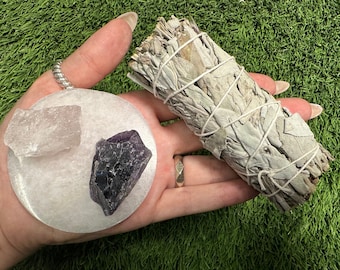 Home Protection Crystal Kit: Amethyst, Rose Quartz, Selenite Round, White Sage (Home Cleansing, Crystal Protection Kit)