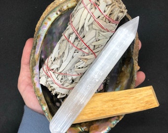 Green Sea Abalone Shell Bundle (selenite wound, palo santo, white sage, sea shell) Free Shipping 35+