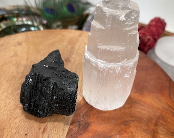 1 Selenite Towers  4 &quot; & 1 High Grade Black Tourmaline Logs: Home Protection Kit, selenite skyscraper, Fast FREE SHIPPING