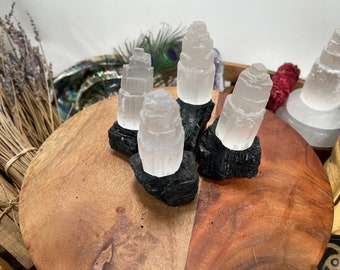 4 Selenite Towers  2.5 " & 4 High Grade Black Tourmaline Logs: Home Protection Kit, selenite skyscraper, Fast FREE SHIPPING