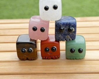 Carved Gemstone Small Natural Crystal Cube with Smiley Face Cute Pet Rock Crystal Carving – Handcrafted Gemstone