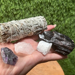 Home Protection Crystal Kit: Amethyst, Rose Quartz, Selenite Chunk, Tourmaline,  White Sage,  (Home Cleansing, Crystal Protection Kit)