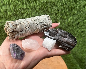 Home Protection Crystal Kit: Amethyst, Rose Quartz, Selenite Chunk, Tourmaline,  White Sage,  (Home Cleansing, Crystal Protection Kit)
