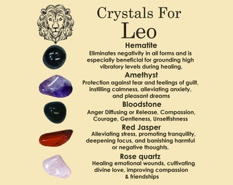 LEO Crystal Set, 5x Crystals Set For LEO (Hematite, Amethyst, Bloodstone, Red Jasper, Rose Quartz) Energy  Gemstone Kit