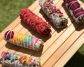 Sage Bundle with Flowers, Colorful Smudge Stick, Dried Floral Sage Bundle, Colorful Sage Variety Pack,  SAGE BUNDLE 5 Pc