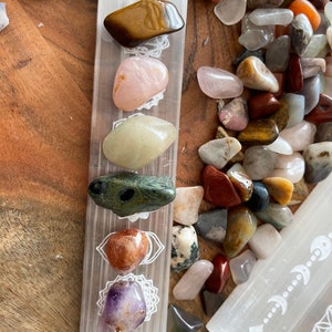 May include: A selenite charging plate with seven different crystals, including tiger's eye, rose quartz, green aventurine, moss agate, carnelian, amethyst, and clear quartz. The crystals are arranged in a row on the plate, which has a white background with etched designs.