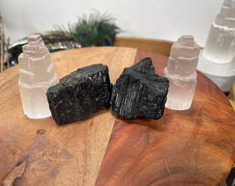 2 Selenite Towers  2.5 " & 2 High Grade Black Tourmaline Logs: Home Protection Kit, selenite skyscraper, Fast FREE SHIPPING