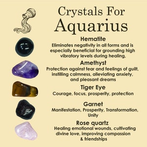 AQUARIUS Crystal Set, 5x Crystals Set For AQUARIUS ( Hematite, Amethyst, Tiger Eye, Garnet, Rose Quartz)