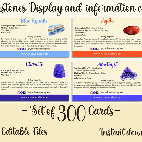 Set of 300 Instant Download Gemstone Cards, Crystal Cards, Printable, CANVA Editable, Crystal card Deck, Spiritual Cards, Gemstone card deck