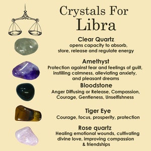 May include: Crystals for Libra: Clear Quartz, Amethyst, Bloodstone, Tiger Eye, and Rose Quartz. Each crystal is pictured with a description of its properties.