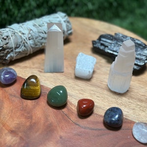 Home Protection Crystal Kit:7 Chakra set, Selenite Obelisk, Chunk, Tower, Tourmaline,  White Sage (Home Cleansing, Crystal Protection Kit)