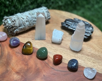 Home Protection Crystal Kit:7 Chakra set, Selenite Obelisk, Chunk, Tower, Tourmaline,  White Sage (Home Cleansing, Crystal Protection Kit)