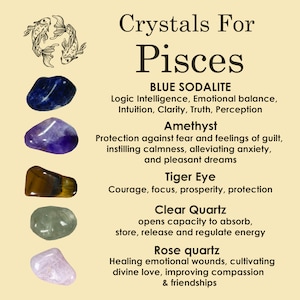 PISCES Crystal Set, 5x Crystals Set For PISCES ( Blue Sodalite, Amethyst, Tiger Eye, Clear Quartz, Rose Quartz)