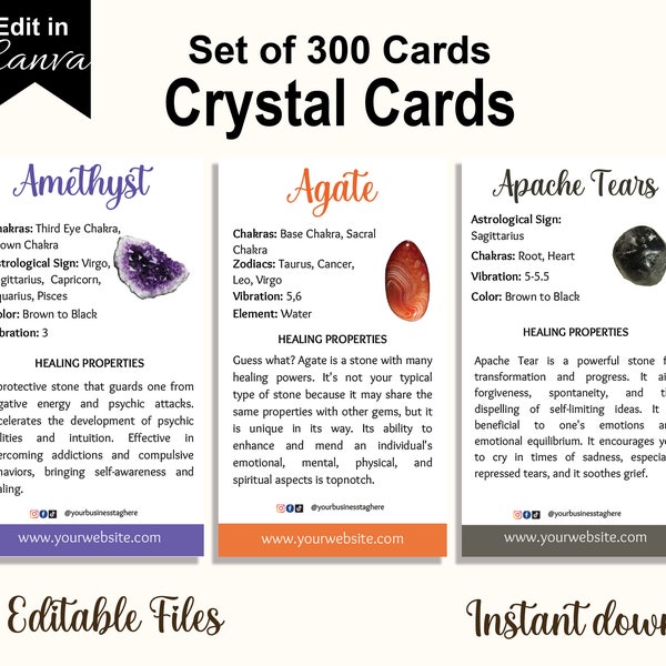 Lot de 300 cartes en cristal à téléchargement immédiat, cartes en cristal, imprimables, modifiables CANVA, jeu de cartes en cristal, cartes spirituelles, jeu de cartes en pierres précieuses