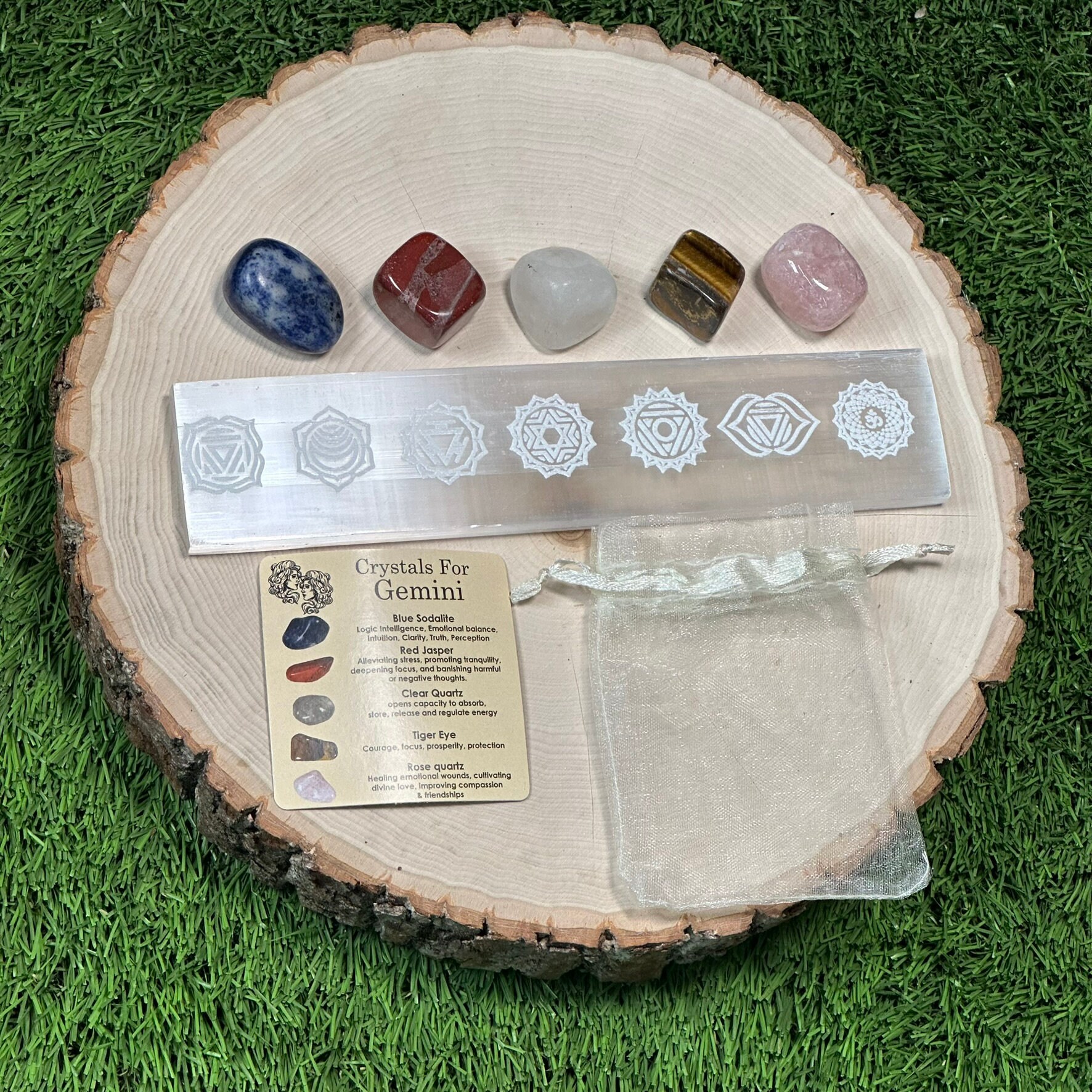 GEMINI Crystal Set With SELENITE Mistara ( Blue Sodalite, Red