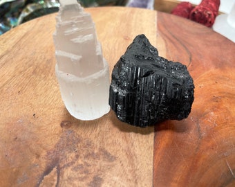 1 Selenite Towers  2.5 " & 1 High Grade Black Tourmaline Logs: Home Protection Kit, selenite skyscraper, Fast FREE SHIPPING