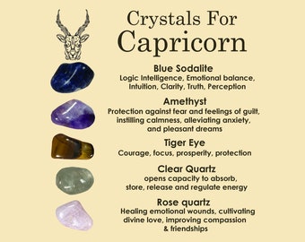 CAPRICORN Crystal Set, 5x Crystals Set For CAPRICORN(Blue Sodalite,Amethyst,Tiger Eye,Clear Quartz, Rose Quartz)