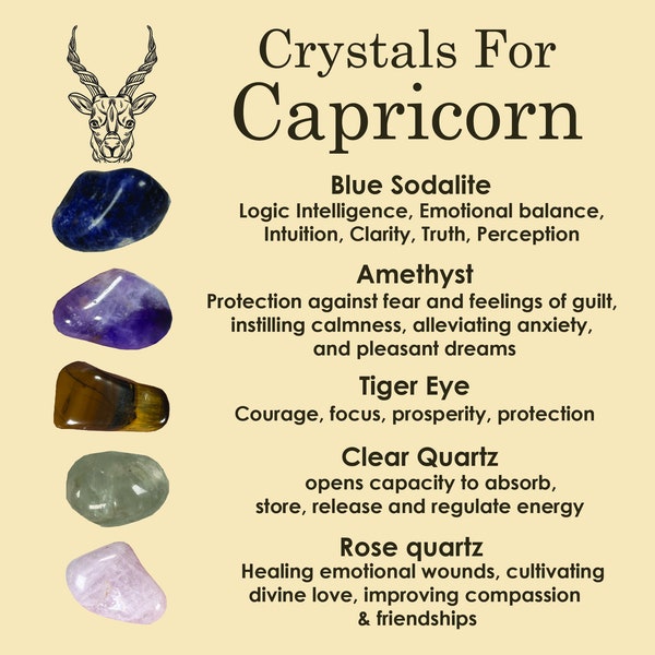 CAPRICORN Crystal Set, 5x Crystals Set For CAPRICORN(Blue Sodalite,Amethyst,Tiger Eye,Clear Quartz, Rose Quartz)