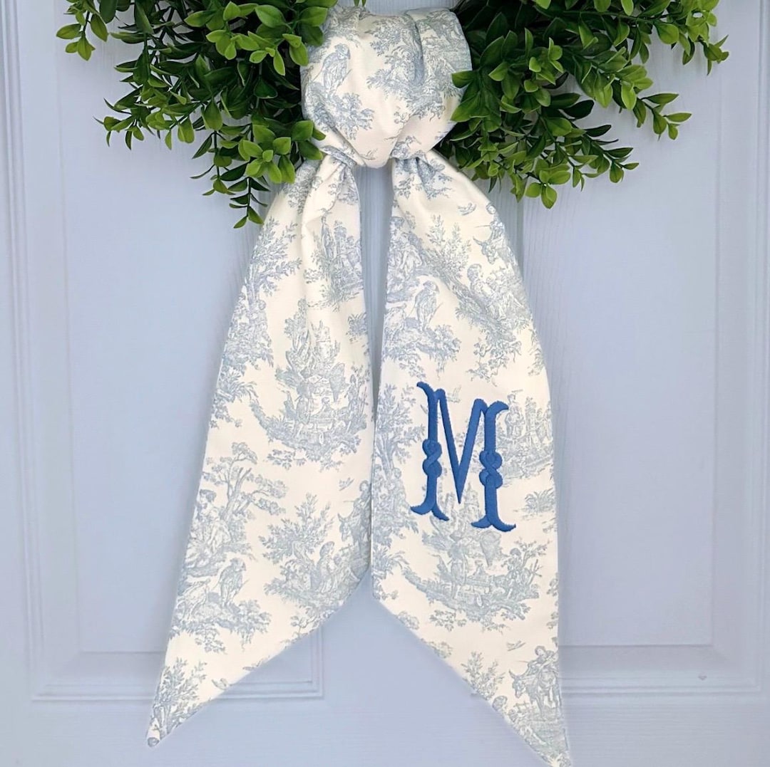 2-Pack Chinoiserie Wreath Sash For Front Door – Embroidered Monogram Letter S, Pretty Blue Floral Design 2 thumbnail image