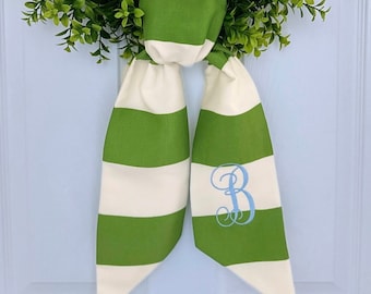 Spring green stripe monogram wreath sash for front door, personalized embroidered Easter wreath sash, custom wedding and bridal shower gift