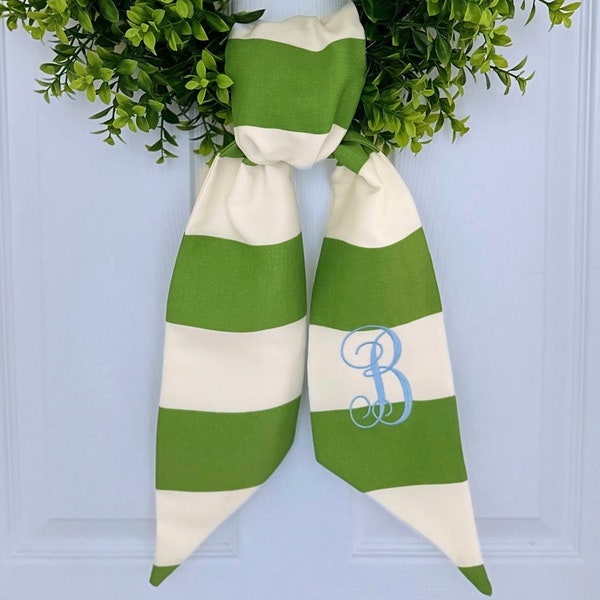 Spring green stripe monogram  wreath sash for front door, personalized embroidered Easter wreath sash, custom wedding and bridal shower gift