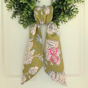 Monogram floral chinoiserie green wreath sash for front door, personalized embroidered spring Easter wreath sash, custom wedding shower gift