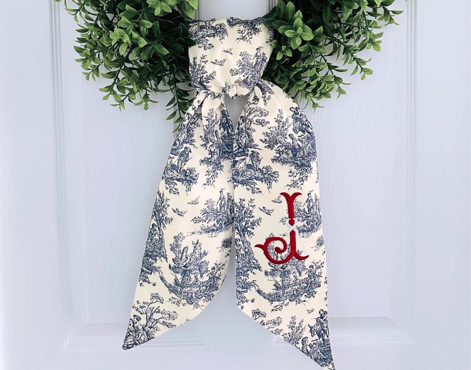 Monogrammed Navy Blue Toile Christmas Wreath Sash for Front Door ...