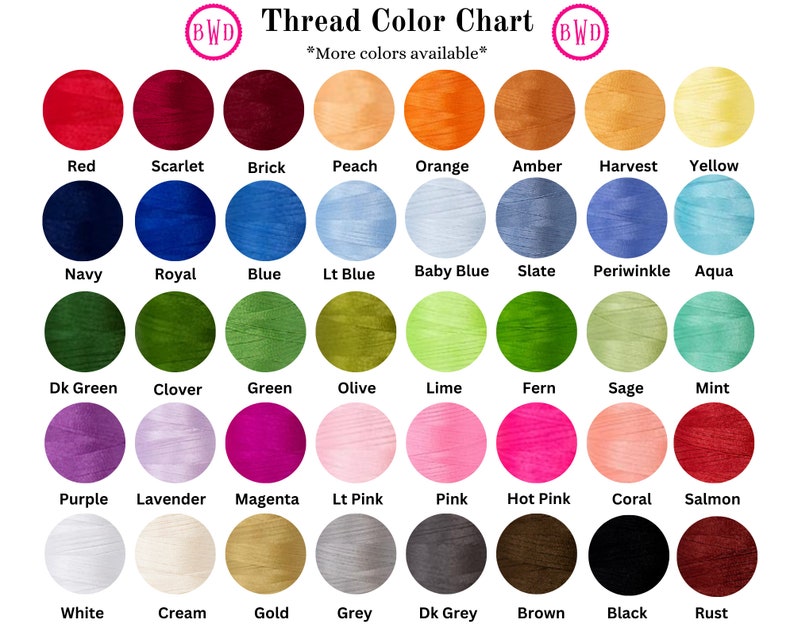 May include: A color chart showing 36 different thread colors, including red, blue, green, purple, pink, orange, yellow, brown, black, white, and gray. The chart is labeled "Thread Color Chart" and "More colors available".