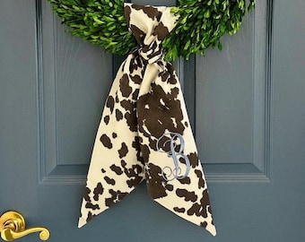 Fall brown monogrammed sash for front door, personalized hide animal print embroidered autumn wreath sash, custom wedding bridal shower gift