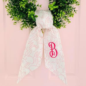 Monogram Easter pink bunny wreath sash for front door, personalized embroidered spring toile wreath sash, custom wedding bridal shower gift