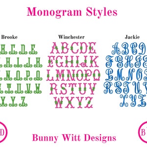 May include: Three different monogram styles are shown: Brooke, Winchester, and Jackie. Each style features a full alphabet in a different color and font. The Brooke style is green, the Winchester style is pink, and the Jackie style is blue. The image also includes the text "Monogram Styles" and "Bunny Witt Designs".