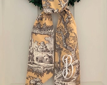 Monogram chinoiserie brown fall wreath sash for front door, personalized embroidered autumn toile wreath sash, custom wedding & bridal gift