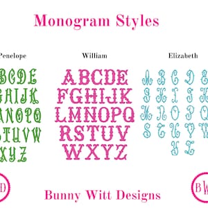 May include: Three different monogram styles are shown in green, pink, and blue. The styles are labeled Penelope, William, and Elizabeth. The letters of the alphabet are shown in each style. The text "Bunny Witt Designs" and the logo "BWD" are shown at the bottom of the image.
