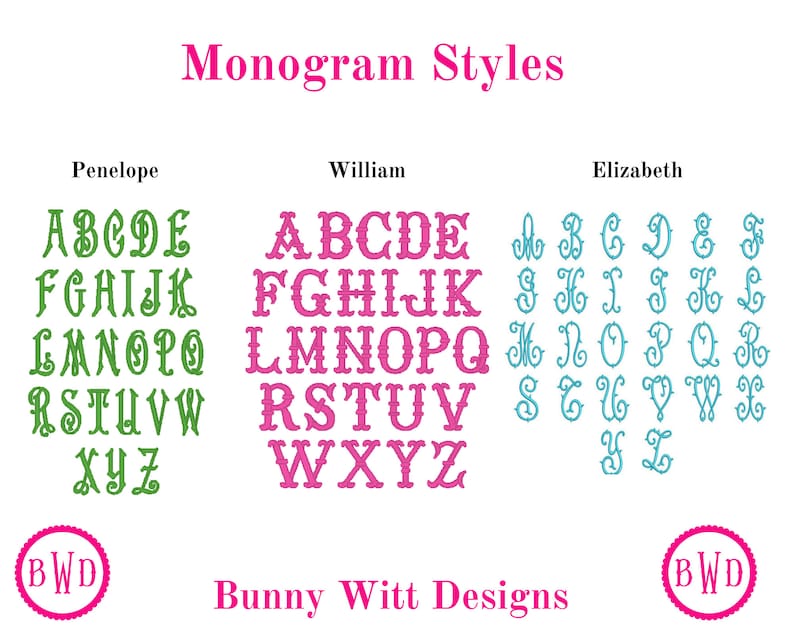May include: Three different monogram styles are shown in green, pink, and blue. The styles are labeled Penelope, William, and Elizabeth. The letters of the alphabet are shown in each style. The text "Bunny Witt Designs" and the logo "BWD" are shown at the bottom of the image.