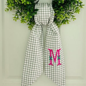 Christmas green plaid monogram wreath sash for front door, personalized embroidered holiday wreath sash, custom wedding bridal shower gift