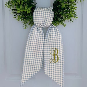 Spring Blue Gingham Plaid Monogrammed Wreath Sash For Front Door - Personalized Embroidered Easter Home Decor