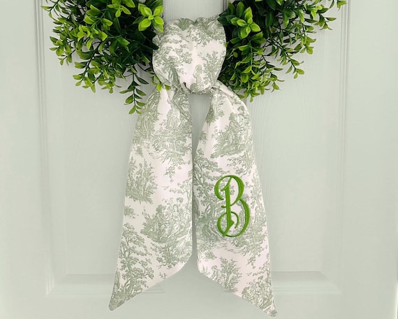 Monogrammed Spring Green Toile Wreath Sash for Front Door - Personalized Embroidered Easter Chinoiserie Home Decor