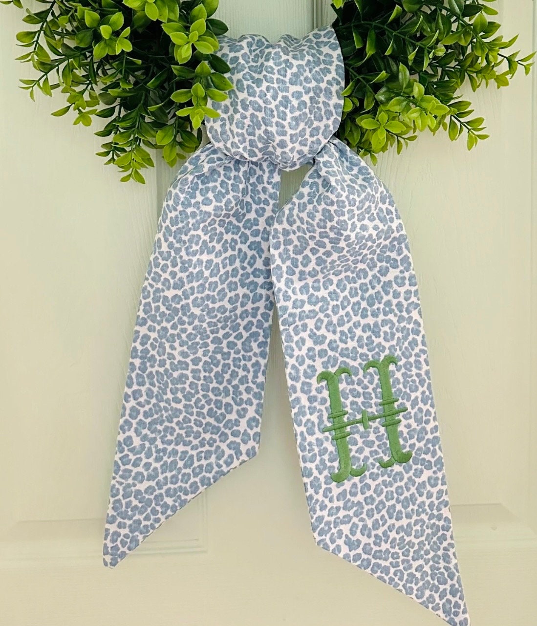 Monogram chinoiserie blue leopard wreath sash for front door, personalized embroidered spring wreath sash, custom wedding bridal shower gift
