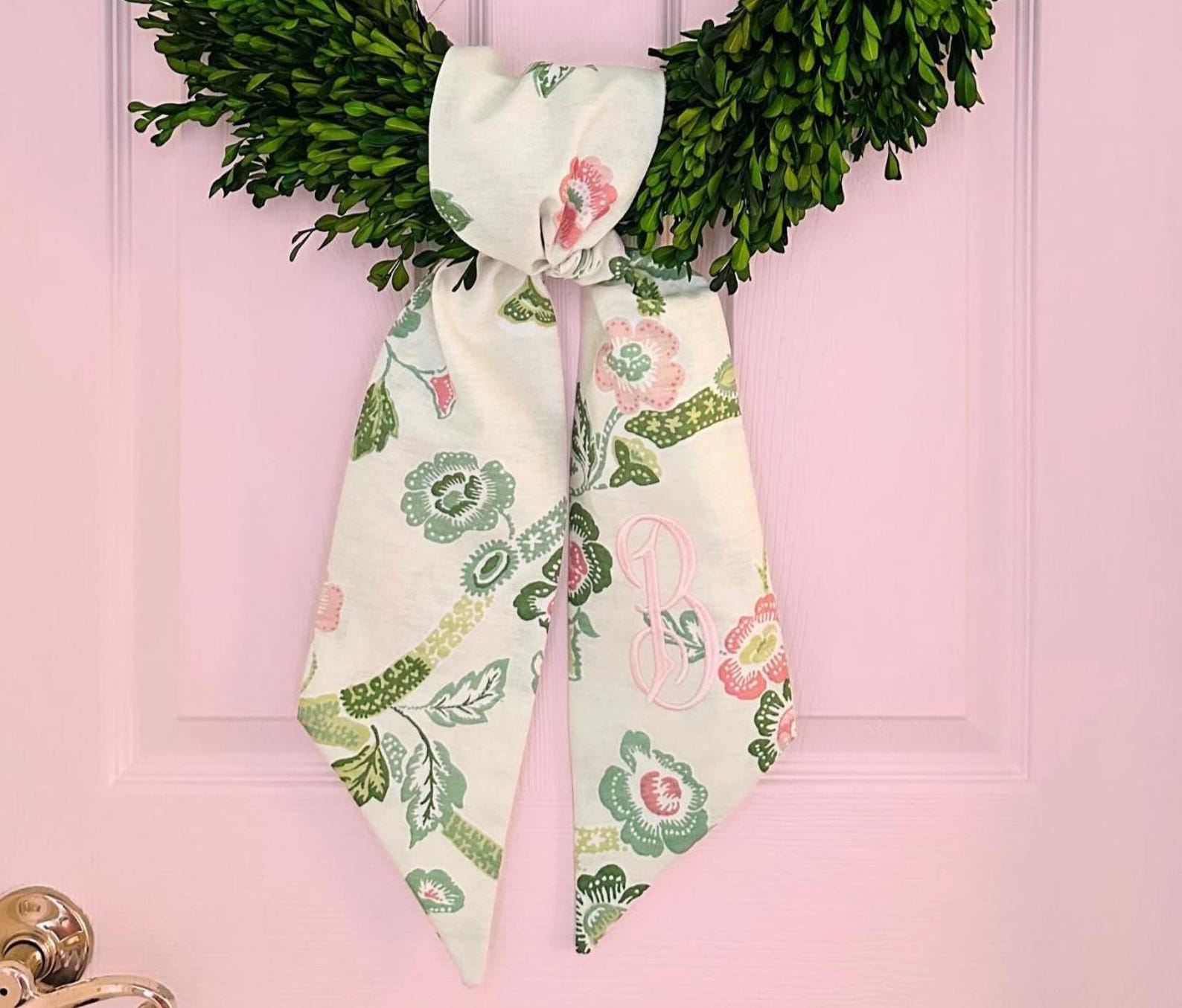Monogrammed Spring Chinoiserie Pink & Green Floral Wreath Sash for Front Door - Personalized Embroidered Easter Home Decor