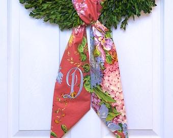 Monogram floral chinoiserie wreath sash for front door, personalized embroidered spring Easter wreath sash, custom wedding & shower gift