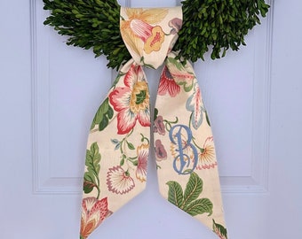 Monogram floral chinoiserie green wreath sash for front door, personalized embroidered fall autumn wreath sash, custom wedding & shower gift