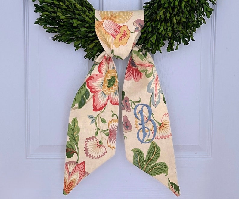 Monogram floral chinoiserie green wreath sash for front door, personalized embroidered fall autumn wreath sash, custom wedding & shower gift